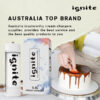 The image is an advertisement for IGNITE, which it claims to be a top brand in Australia. It features a cream charger canister with a capacity of 3.3 liters and its packaging, with a focus on the brand's reliability as a supplier. There is also a partial view of someone's hand placing a strawberry atop a drizzled chocolate cake, which presents a practical use of the product. The ad promotes the company's commitment to providing excellent service and high-quality products to its customers.