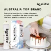 The image shows a stylish advertisement for "ignite," highlighting it as a top brand in Australia. It prominently features a cream charger and its packaging, implying that the product is a culinary tool, possibly for professional or home use. The focus is on a person's hand decorating a cake, which showcases the end use of the product, suggesting a connection to the culinary arts, specifically in baking and dessert preparation. The ad text positions the brand as a reliable supplier and emphasizes the provision of quality service and products.