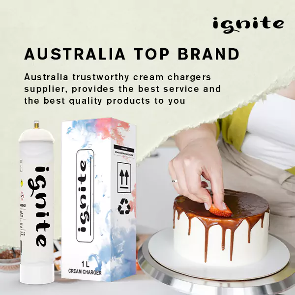 The image shows a stylish advertisement for "ignite," highlighting it as a top brand in Australia. It prominently features a cream charger and its packaging, implying that the product is a culinary tool, possibly for professional or home use. The focus is on a person's hand decorating a cake, which showcases the end use of the product, suggesting a connection to the culinary arts, specifically in baking and dessert preparation. The ad text positions the brand as a reliable supplier and emphasizes the provision of quality service and products.