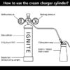 The image is a black and white diagram showing instructions for using the IGNITE cream charger cylinder. It labels the parts of the system, including a gas cylinder filled with 615g of liquid N2O, a stable foot indicating that the cylinder should always be used upright, and a click-system for easy handling. There are also two pressure gauges, one for the bottle pressure and one for the working pressure, connected to a siphon for dispensing cream into a 500ml or 1000ml container. The diagram is informative, providing essential details at a glance for users to understand how to operate this culinary tool.