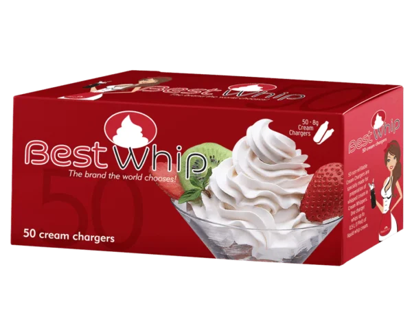BestWhip cream chargers in a red box, claiming to be the brand the world chooses for cream chargers.