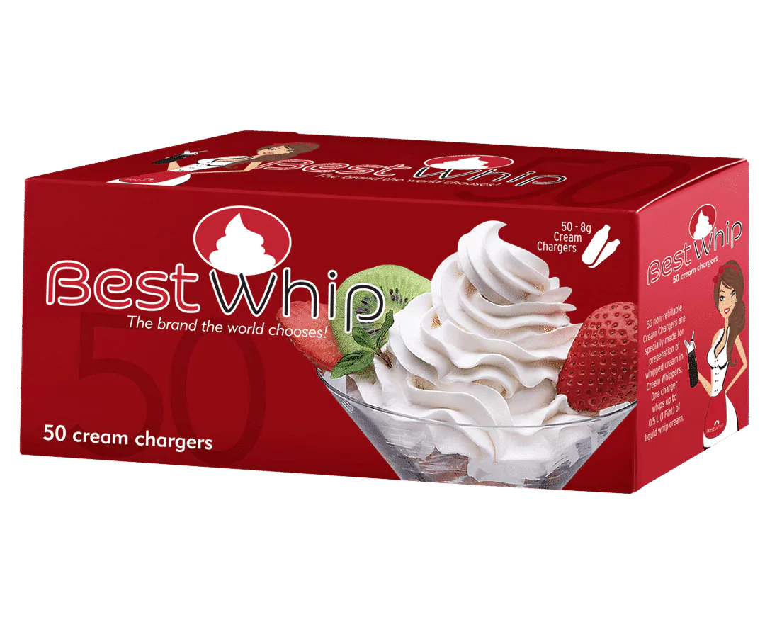BestWhip cream chargers in a red box, claiming to be the brand the world chooses for cream chargers.