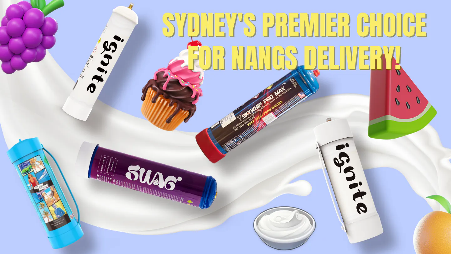 Colorful advertisement for a nangs delivery service in Sydney featuring whipped cream chargers, a whimsical splash of cream, and playful graphics of fruits and a cupcake.