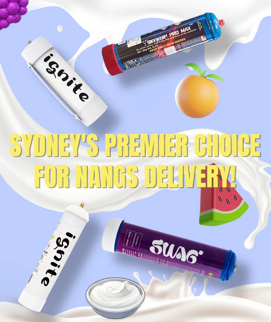 Advertisement for Sydney's premier nangs delivery service featuring whipped cream chargers, fresh fruit graphics, and bold text against a dynamic blue and white background.