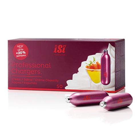 iSi Professional Chargers box with three rose gold nitrous oxide cream chargers, showcasing a whipped cream topped dessert.
