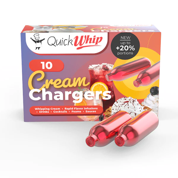 QuickWhip cream chargers 100-pack with a vibrant design, indicating a boost of up to 20% more portions.