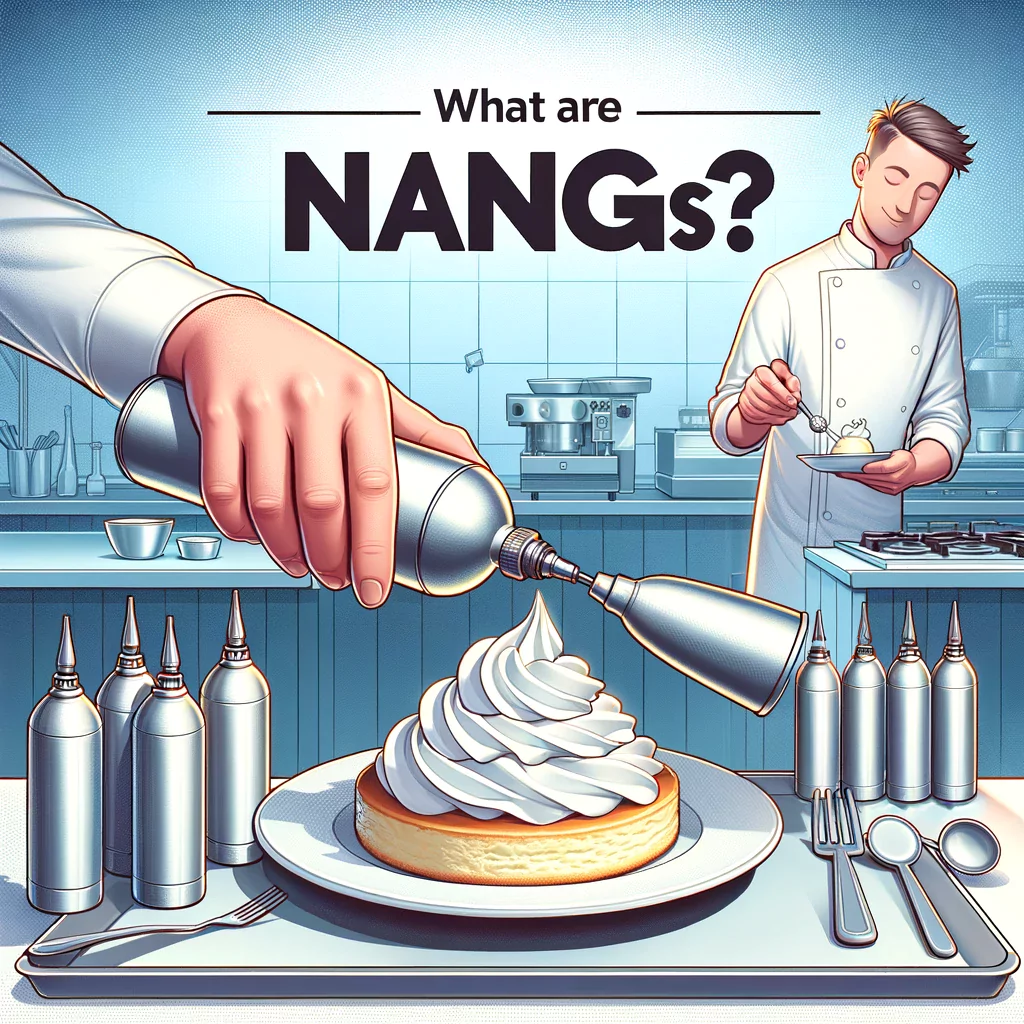 A chef in a professional kitchen using a whipped cream dispenser with a nang to add whipped cream to a dessert, with additional nangs on the counter.