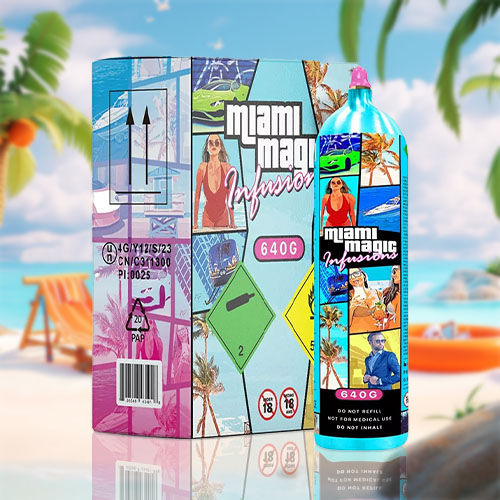 The image features a product set titled "Miami Magic Infusions" against a vibrant beach background. The left side shows a box with a blue-toned collage of Miami-related visuals and icons indicating shipping and safety information, including nitrous oxide warnings and a barcode. The right side displays a canister with a colorful design echoing the box's theme, and it is marked with "640g," which is the net content of nitrous oxide for culinary use. The canister also has safety advisories such as "Do not refill," "Not for medical use," and "Do not inhale." The backdrop includes palm trees, a beach chair, an orange slice float in the sea, and a clear blue sky, highlighting the contrast between the culinary product and the relaxed leisure of the beach scene.