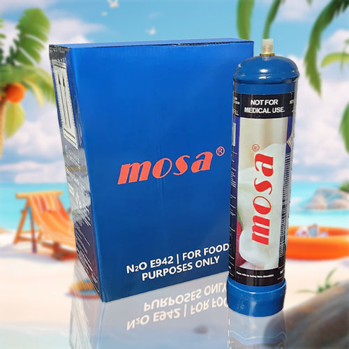 This image presents a canister labeled "MOSA" prominently placed in the center against a serene beach backdrop. The canister, which appears to be a nitrous oxide charger, commonly known as a cream charger or "nang," is marked "Not for Medical Use." The setting suggests a relaxed, vacation-like environment, with sandy shores, a clear sky, palm trees, a lounge chair, a life ring, and a beach ball, all of which contribute to a leisurely seaside atmosphere. The juxtaposition of a cream charger in such a setting might be a playful or surreal twist, as these chargers are typically associated with kitchen use, for whipping cream, rather than beach activities.