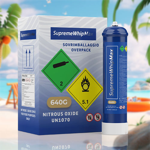 The image features a product called "SupremeWhip Max," consisting of a blue canister and a corresponding gray box with blue and white branding. The box has safety and shipping labels including "Nitrous Oxide UN1070," "640G," hazard symbols for flammable gas, and age restriction warnings. The canister mirrors these details and is also labeled with "640G," indicating the amount of nitrous oxide it contains, designated for food purposes only. Set against a serene beach scene with palm trees, a beach chair, and an inflatable ring in the ocean, the professional packaging of the cream chargers provides a stark contrast to the laid-back, sunny beach environment, suggesting the use of such chargers in fun and relaxing settings.