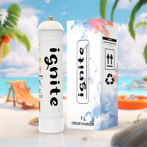 This image features an oversized cream charger canister with "ignite" written vertically in large, bold letters. The canister is predominantly white, with black text, and colorful flame-like accents near the text, reinforcing the "ignite" theme. It stands out in a tranquil beach setting, complete with palm trees, a beach chair, a sun hat, a colorful beach ball, and an inflatable orange life ring. The blue sky and calm ocean horizon suggest a perfect, sunny beach day. The cream charger bears a yellow caution symbol and text that likely contains product information and warnings. The setting creates a playful contrast between the utilitarian kitchen item and the leisurely beach environment.