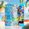 The image depicts a "Miami Magic Infusions" cream charger set against a beach backdrop. On the left, a box with a collage of Miami-themed images—like palm trees, the ocean, and vibrant city life—is accompanied by safety and product information labels, including nitrous oxide warnings and age restriction symbols. On the right, there's a matching cyan canister with a "Miami Magic Infusions" label, featuring similar lively graphics, net weight indication, and safety notices such as "Do not refill," "Not for medical use," and "Do not inhale." The product set, with its dynamic and colorful design, contrasts with the relaxing beach scene that includes palm trees, a beach chair, and the ocean, creating a vibrant and attractive display.