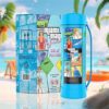 The image illustrates a "Miami Magic Infusions" cream charger canister with a handle and a box. The box is adorned with vivid Miami-inspired imagery, including palm trees, sun, sand, and people enjoying the beach. It's labeled to contain "3.3L of Pure N2O," signifying a substantial quantity of nitrous oxide intended for culinary use. The canister is cyan with similar Miami-themed images and information, including the text "Do not refill," "Not for medical use," and "Do not inhale," along with the capacity indication. Set on a tropical beach, with a slice of orange float, beach ball, and sun chair, the image juxtaposes the product's recreational culinary use with a leisurely beach atmosphere.