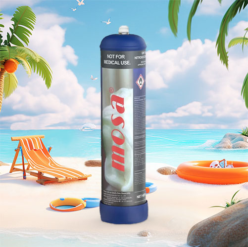 This image presents a canister labeled "MOSA" prominently placed in the center against a serene beach backdrop. The canister, which appears to be a nitrous oxide charger, commonly known as a cream charger or "nang," is marked "Not for Medical Use." The setting suggests a relaxed, vacation-like environment, with sandy shores, a clear sky, palm trees, a lounge chair, a life ring, and a beach ball, all of which contribute to a leisurely seaside atmosphere. The juxtaposition of a cream charger in such a setting might be a playful or surreal twist, as these chargers are typically associated with kitchen use, for whipping cream, rather than beach activities.