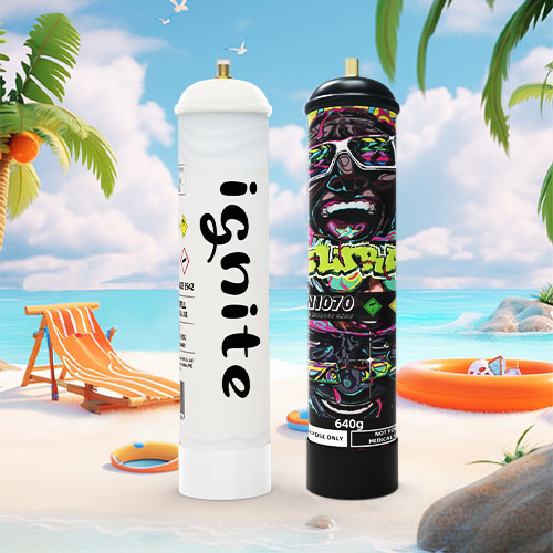 The image features two cream charger canisters side by side with distinct designs against a beach setting. On the left, a white canister with "ignite" written in bold, black lettering is adorned with a yellow caution symbol. On the right, a black canister features a vibrant, neon graffiti design with the text "UNIJOY" and "640g," indicating the net weight. Both canisters display notices for "food use only." The scene behind them includes a sunny beach atmosphere with a lounge chair, beach ball, sun hat, and orange inflatable ring, all against a backdrop of palm trees, rocks, the sea, and a clear blue sky. The juxtaposition of the canisters with such a serene setting creates a striking visual contrast.