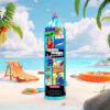 The image depicts a large cream charger canister with a vibrant "Miami Magic Infusions" design that features a montage of images reminiscent of Miami’s dynamic culture and lifestyle, including beaches, palm trees, and stylish individuals. The canister's body is a bright cyan, crowned with a pink top, creating a colorful contrast. With a net weight marked as "640g," the canister also carries warnings such as "Do not refill," "Not for medical use," and "Do not inhale." Set against a tropical beach backdrop with a sun chair, beach ball, sun hat, and an inflatable orange ring, the canister stands out as a bold, fun element within a classic beach scene, complete with palm trees, white sand, and a clear blue sky over calm waters. The design communicates a festive, culinary spirit aligned with the upbeat vibe of Miami.
