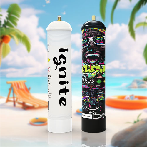 The image features two cream charger canisters side by side with distinct designs against a beach setting. On the left, a white canister with "ignite" written in bold, black lettering is adorned with a yellow caution symbol. On the right, a black canister features a vibrant, neon graffiti design with the text "UNIJOY" and "640g," indicating the net weight. Both canisters display notices for "food use only." The scene behind them includes a sunny beach atmosphere with a lounge chair, beach ball, sun hat, and orange inflatable ring, all against a backdrop of palm trees, rocks, the sea, and a clear blue sky. The juxtaposition of the canisters with such a serene setting creates a striking visual contrast.
